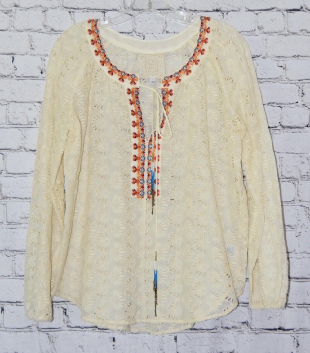 Johnny Was JADE Eyelet Womens Embroidered Floral Boho Beaded Blouse NWOT Small